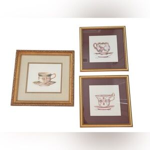 Teacup Elegant Gold Framed Wall Art Set of 3 EUC